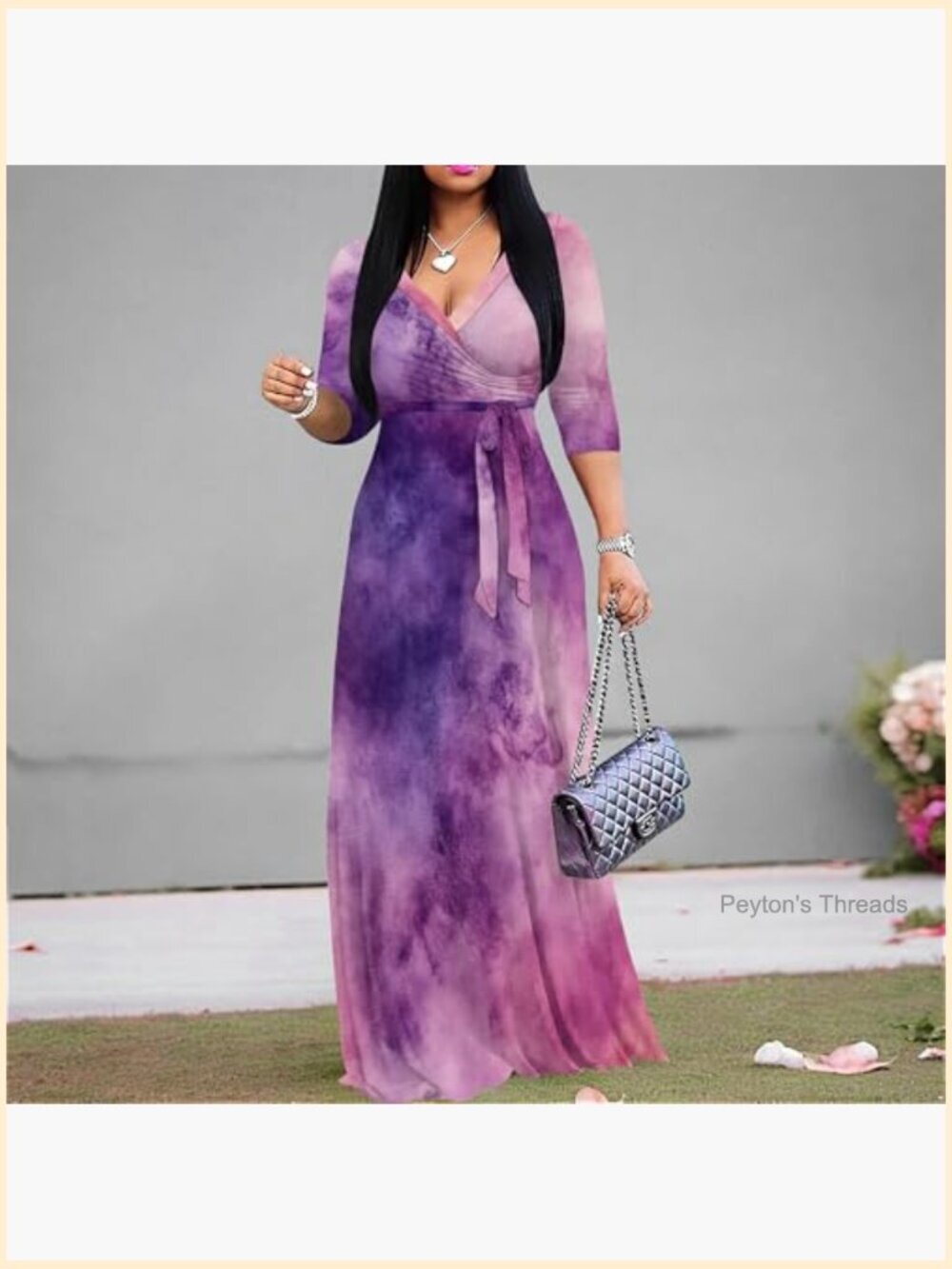 Plus Size Maxi Dress with Pockets 3/4 Sleeves Polyester Spandex - Picture 3 of 6